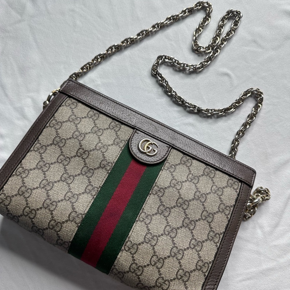 Gucci Brown and Green Crossbody Bag with Signature Web Stripe.